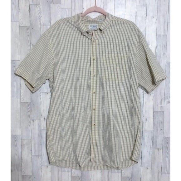 L.L. Bean Button Down Short Sleeve Shirt Yellow Plaid 100% Cotton Men's Large‎ - Picture 1 of 4